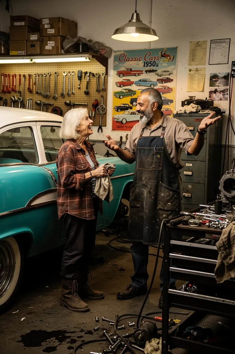 Technician explaining restoration techniques to a client, emphasizing transparency and education in classic car care.